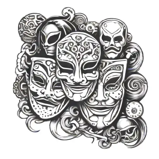 A dynamic composition of theatre masks with a border of barbells, blending the client's favorite things of theatre masks and gym tattoo design idea