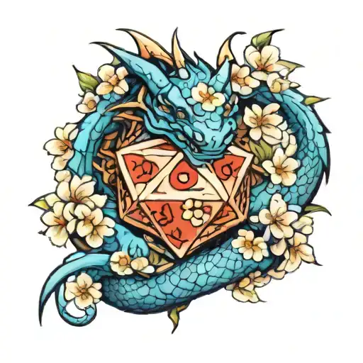 cute blue dragon d20 dice cherry blossoms tattoo design idea