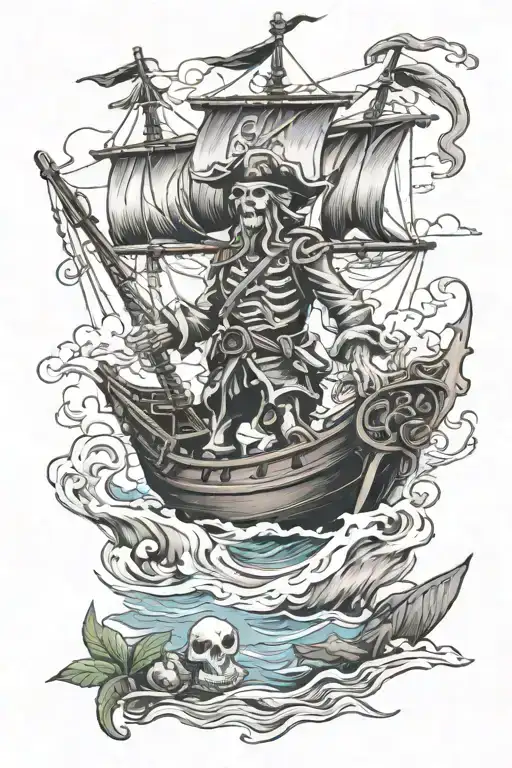 pirate skeleton boat floating tattoo design idea