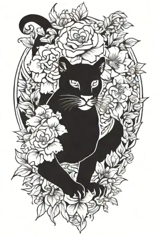diagonal prowling puma with flowers  tattoo design idea