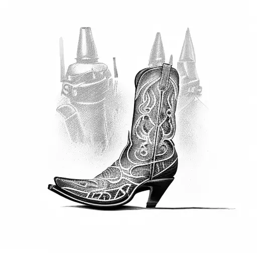 A cowboy boot with intricate gun engravings tattoo design idea