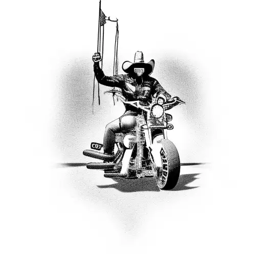 A fierce cowboy riding a Harley Davidson motorcycle through a desert landscape tattoo design idea