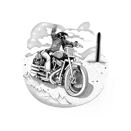 A fierce cowboy riding a Harley Davidson motorcycle through a desert landscape tattoo design idea