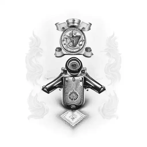 A bold blackwork tattoo of a revolver with a cowboy boot and a Harley Davidson logo incorporated into the design tattoo design idea