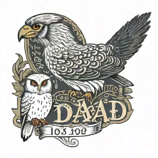 Dad written in cursive with a cardinal, snowy owl, hare, and hawk, with the dates 1975-2020 written underneath  tattoo design idea