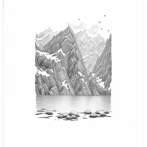 An intricate design of a climber ascending a rock wall with a lake in the background tattoo design idea