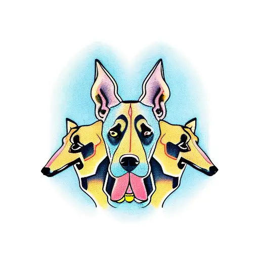 Three headed doberman dog  tattoo design idea