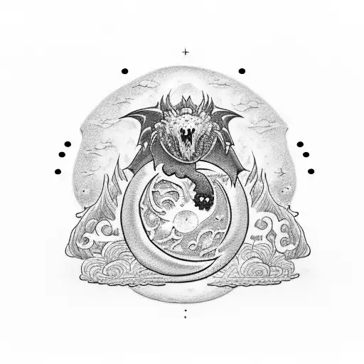 User Make me a tattoo idea with a dragon, a red temple, the sun and the moon, with a kaws bear sitting on the moon tattoo design idea