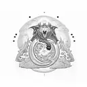 User Make me a tattoo idea with a dragon, a red temple, the sun and the moon, with a kaws bear sitting on the moon tattoo design idea