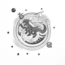 User Make me a tattoo idea with a dragon, a red temple, the sun and the moon, with a kaws bear sitting on the moon tattoo design idea