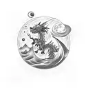 User Make me a tattoo idea with a dragon, a red temple, the sun and the moon, with a kaws bear sitting on the moon tattoo design idea