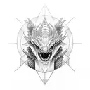 User Make me a tattoo idea with a dragon, a red temple, the sun and the moon, with a kaws bear sitting on the moon tattoo design idea