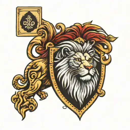 family crest lion with 3 cards tattoo design idea