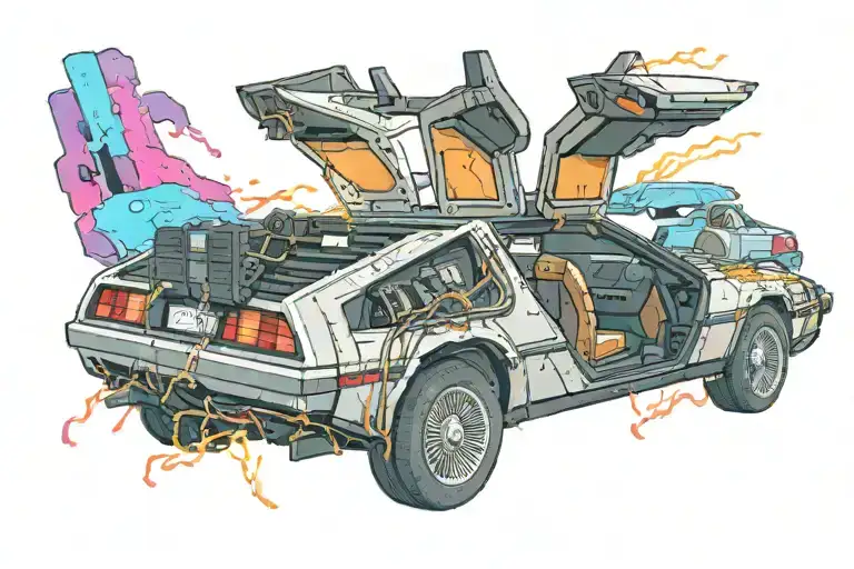 delorean with one door open. pixelated. breaking apart. pixels flying off the car. bold neon colors. tattoo design idea