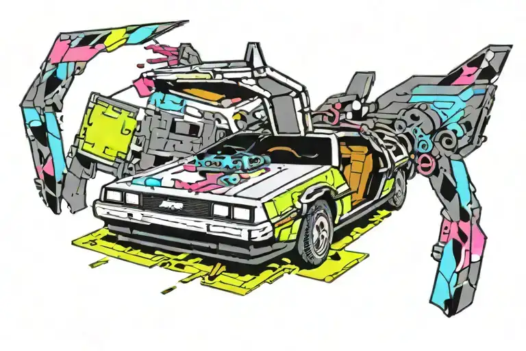 delorean. one door open. pixelated. bold neon colors. glitchy. pixels flying in the background. tattoo design idea