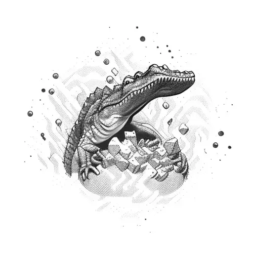 A fierce crocodile emerging from a video game controller, surrounded by pixelated nature elements tattoo design idea