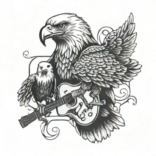 Eagle playing a guitar with two chicks singing along tattoo design idea