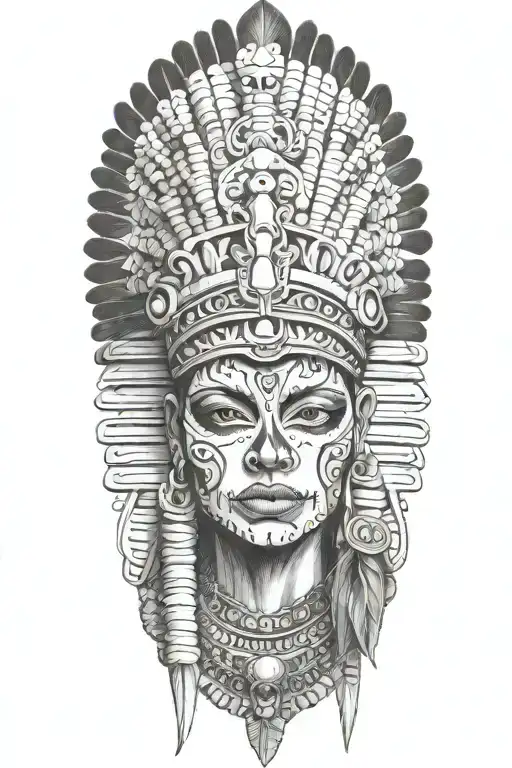 realistic skeletal elements, Mesoamerican-inspired headdress, themes of death, spirituality, and warrior aztec girl  tattoo design idea
