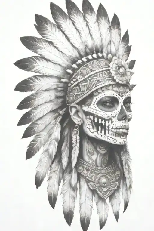 aztec warrior girl, skeletal fierce face, crown skull, geometric patterns feathers smaller tattoo design idea