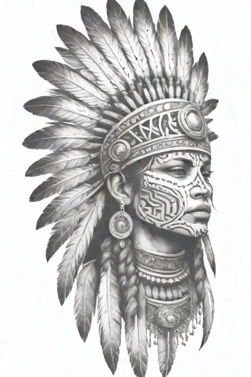 aztec warrior girl, skeletal fierce face, crown intricate geometric patterns feathers , spirituality, afterlife, death tattoo design idea
