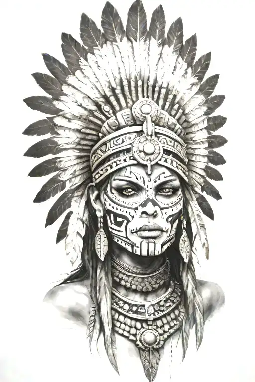 aztec warrior girl, skeletal face, crown warrior-like appearance resembling feathers, spirituality, death,face look left tattoo design idea