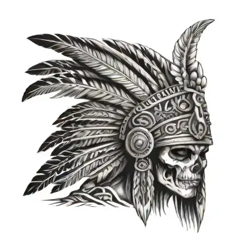 realistic skeletal elements,Mesoamerican-inspired headdress,  themes of death, spirituality, and warrior aztec girl tattoo design idea