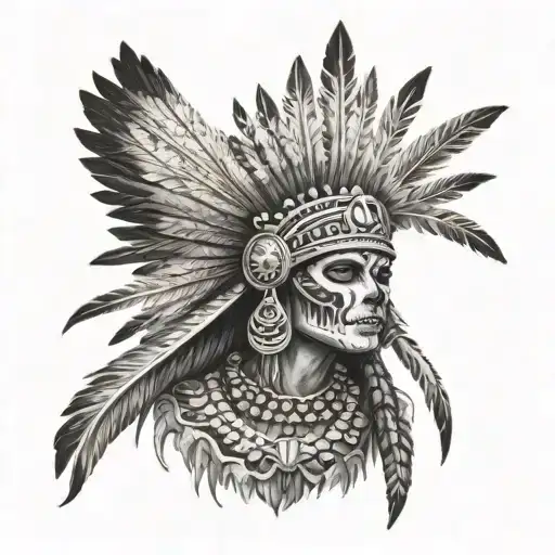 realistic skeletal elements,Mesoamerican-inspired headdress,  themes of death, spirituality, and warrior aztec girl tattoo design idea