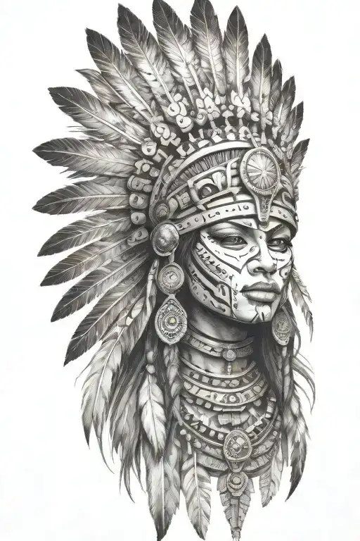 aztec warrior girl, skeletal fierce face, crown intricate geometric patterns feathers , spirituality, afterlife, death tattoo design idea