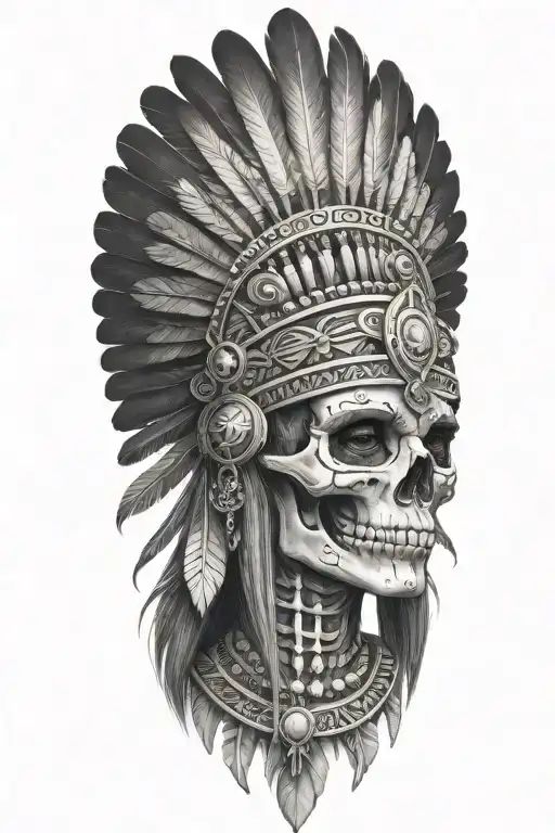 realistic skeletal elements, maya motives feathers crown, themes of death, spirituality, warrior aztec girl tattoo design idea