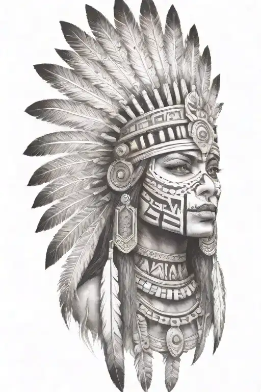 aztec warrior girl,skeletal fearce face, crown warrior-like appearance feathers, spirituality,   tattoo design idea