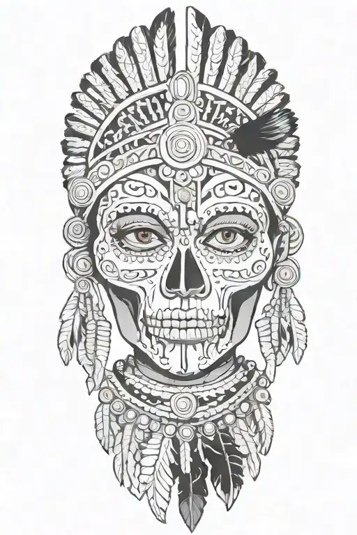 realistic skeletal elements, maya motives feathers crown, themes of death, spirituality, afterlife, warrior aztec girl tattoo design idea