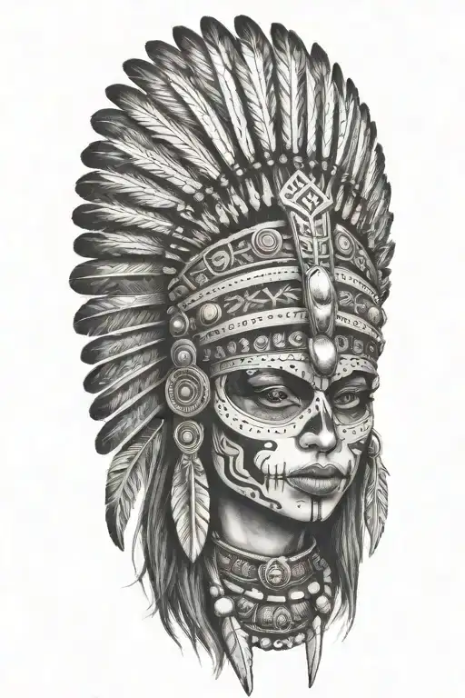 aztec warrior girl, skeletal face, crown warrior-like appearance resembling feathers, spirituality, death tattoo design idea