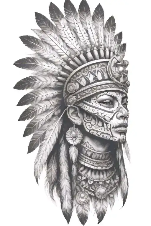 aztec warrior girl, skeletal fierce face, crown skull, geometric patterns feathers , spirituality, afterlife, death tattoo design idea