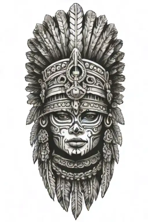aztec warrior girl skeletal face with an Aztec-inspired headdress, blending death and warrior symbolism tattoo design idea