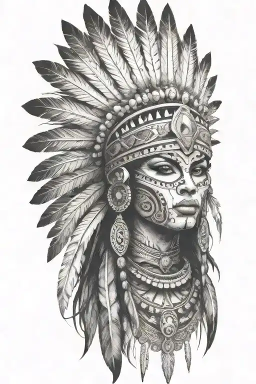 aztec warrior girl, skeletal fierce face, crown intricate geometric patterns feathers , spirituality, afterlife, death tattoo design idea