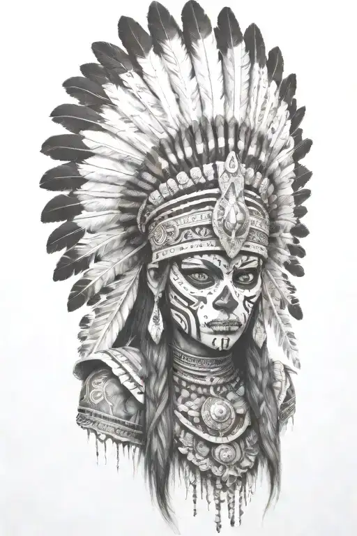 aztec warrior girl, skeletal face, crown warrior-like appearance resembling feathers, spirituality, death,face look left tattoo design idea