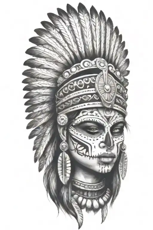 aztec warrior girl, skeletal face, triangular elements resembling feathers or stone spikes crown , spirituality, death tattoo design idea