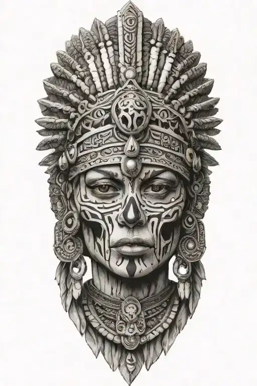 realistic skeletal elements and a Mesoamerican-inspired headdress,  themes of death, spirituality, a warrior aztec girl tattoo design idea