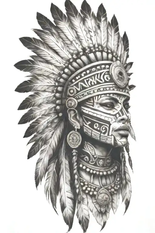 aztec warrior girl, skeletal fierce face, crown intricate geometric patterns feathers , spirituality, afterlife, death tattoo design idea