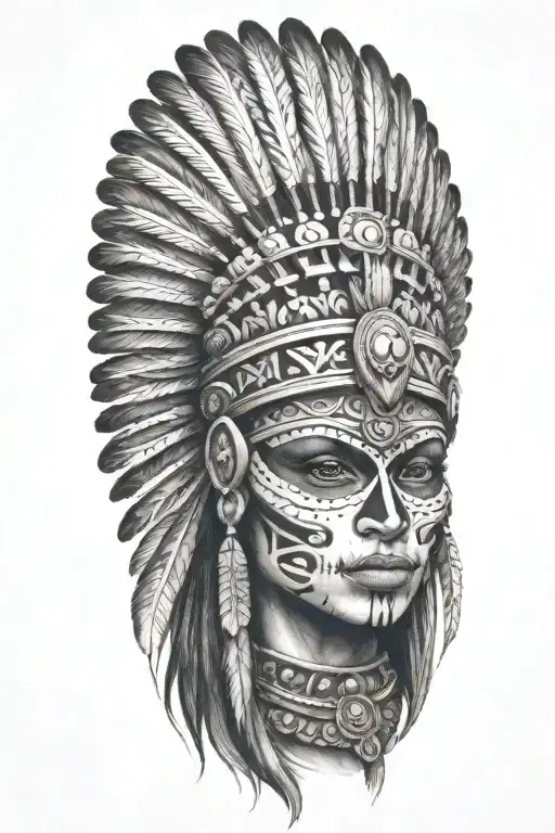 aztec warrior girl, skeletal face, crown warrior-like appearance feathers, spirituality, looking right tattoo design idea