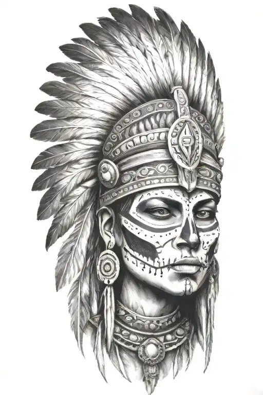 aztec warrior girl, skeletal face, crown warrior-like appearance resembling feathers, spirituality, death tattoo design idea