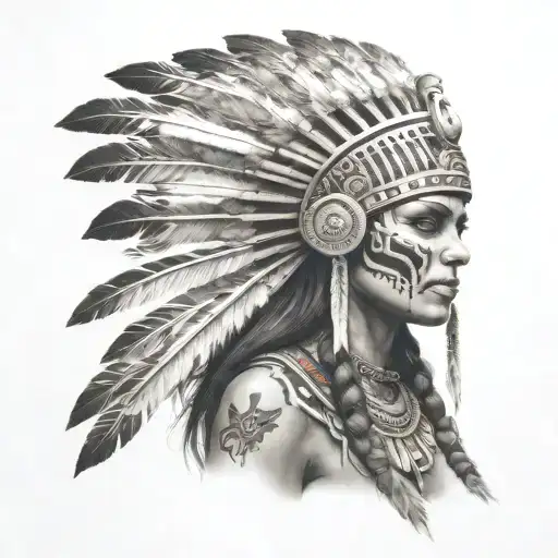 realistic skeletal elements,Mesoamerican-inspired headdress,  themes of death, spirituality, and warrior aztec girl tattoo design idea