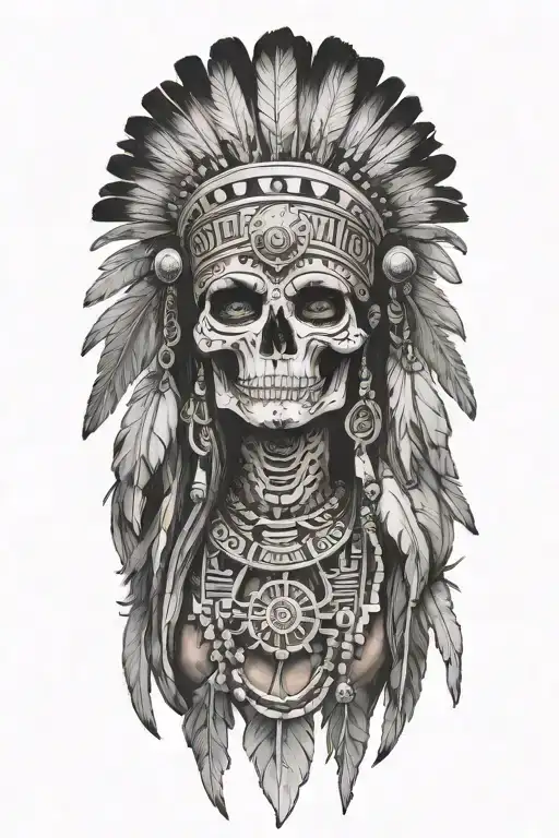 realistic skeletal elements, maya motives feathers crown, themes of death, spirituality, warrior aztec girl tattoo design idea