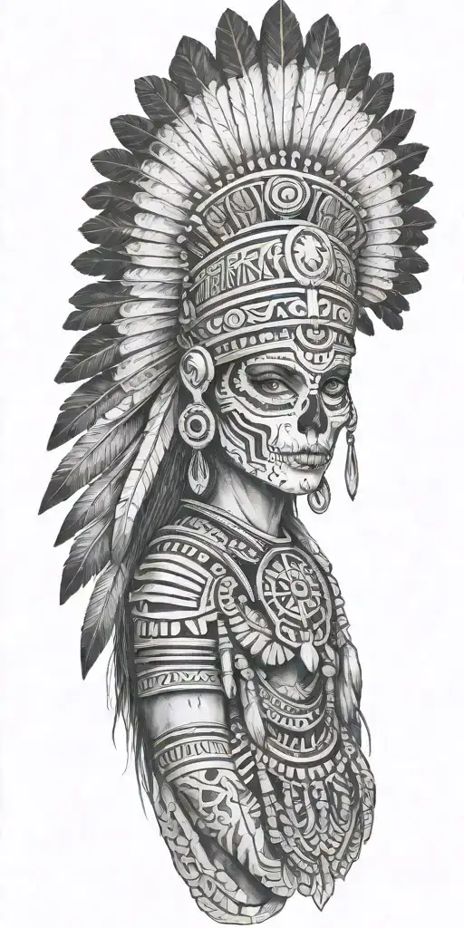 realistic skeletal elements, Mesoamerican-inspired headdress, themes of death, spirituality, and warrior aztec girl  tattoo design idea