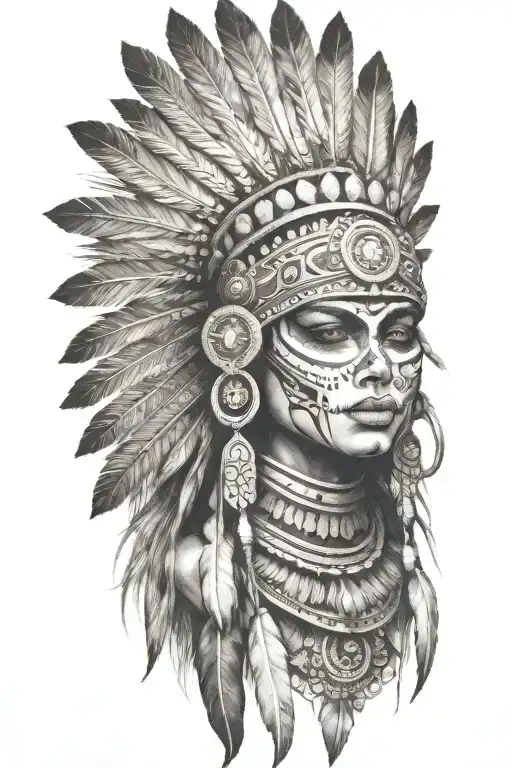 aztec warrior girl, skeletal fierce face, crown intricate geometric patterns feathers , spirituality, afterlife, death tattoo design idea