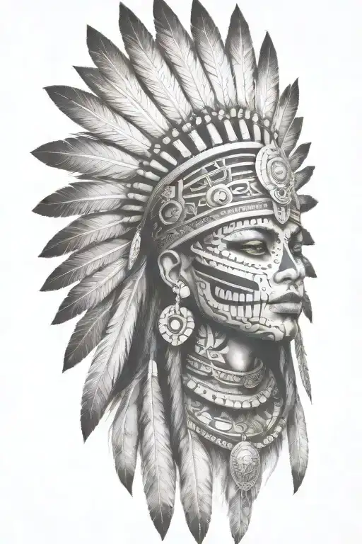 aztec warrior girl, skeletal fierce face, crown skull, geometric patterns feathers , spirituality, afterlife, death tattoo design idea