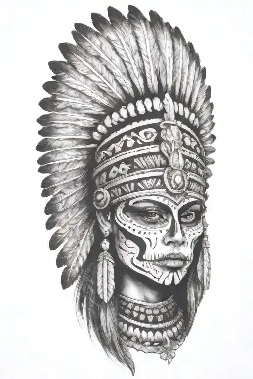 aztec warrior girl, skeletal face, crown warrior-like appearance resembling feathers, spirituality, death tattoo design idea