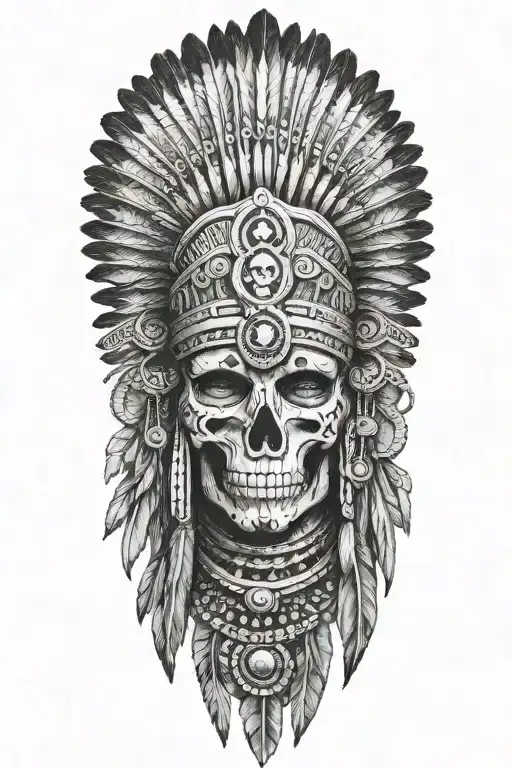 realistic skeletal elements and a Mesoamerican-inspired headdress,  themes of death, spirituality, a warrior aztec girl tattoo design idea