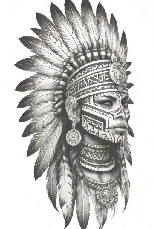 aztec warrior girl, skeletal fierce face, crown skull, geometric patterns feathers , spirituality, afterlife, death tattoo design idea