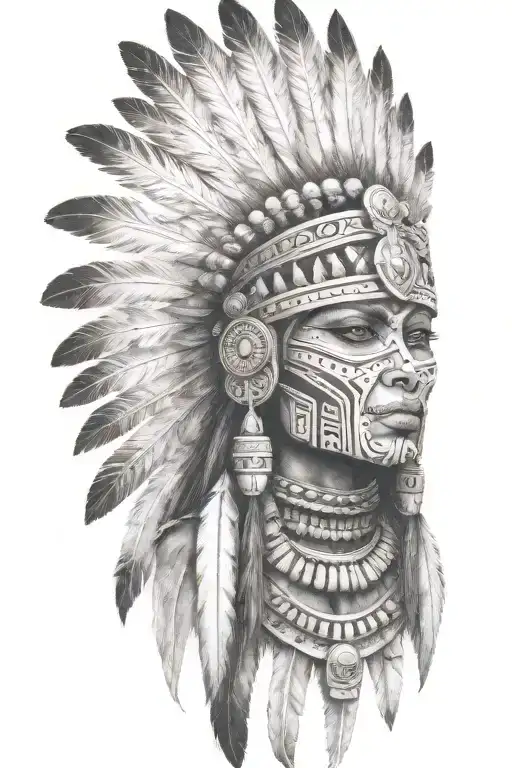aztec warrior girl, skeletal face, crown warrior-like appearance feathers, spirituality, more aztec motives on face  tattoo design idea